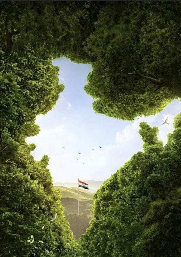 Map of India outlined by trees with an Indian flag in the center