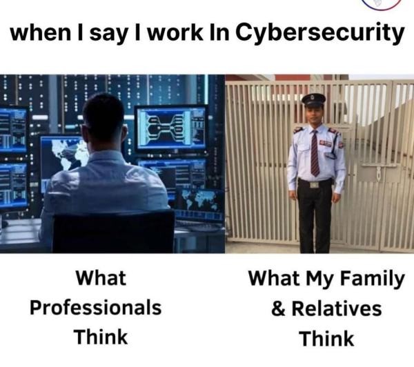 Picture of a guy with lots of monitors and the image of a security guard for what my family thinks I do