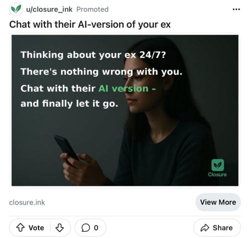 Chat with their AI-version of your ex. Thinking about your ex 24/7? There's nothing wrong with you. Chat with their AI version and finally let it go.