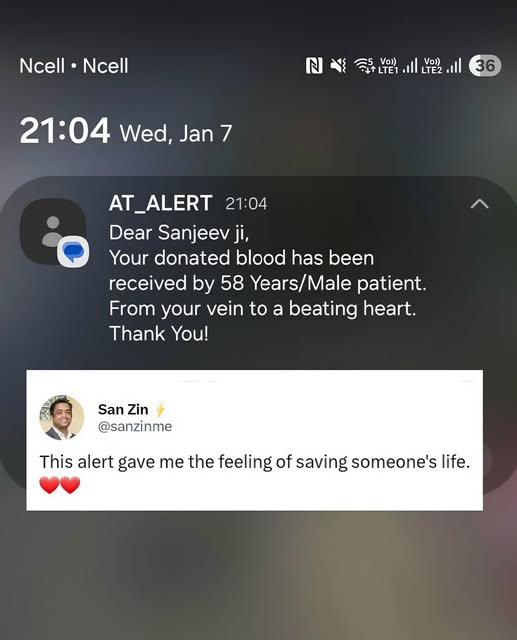 Dear Sanjeev ji, Your donated blood has been received by 58 Years/Male patient. From your vein to a beating heart. Thank You!